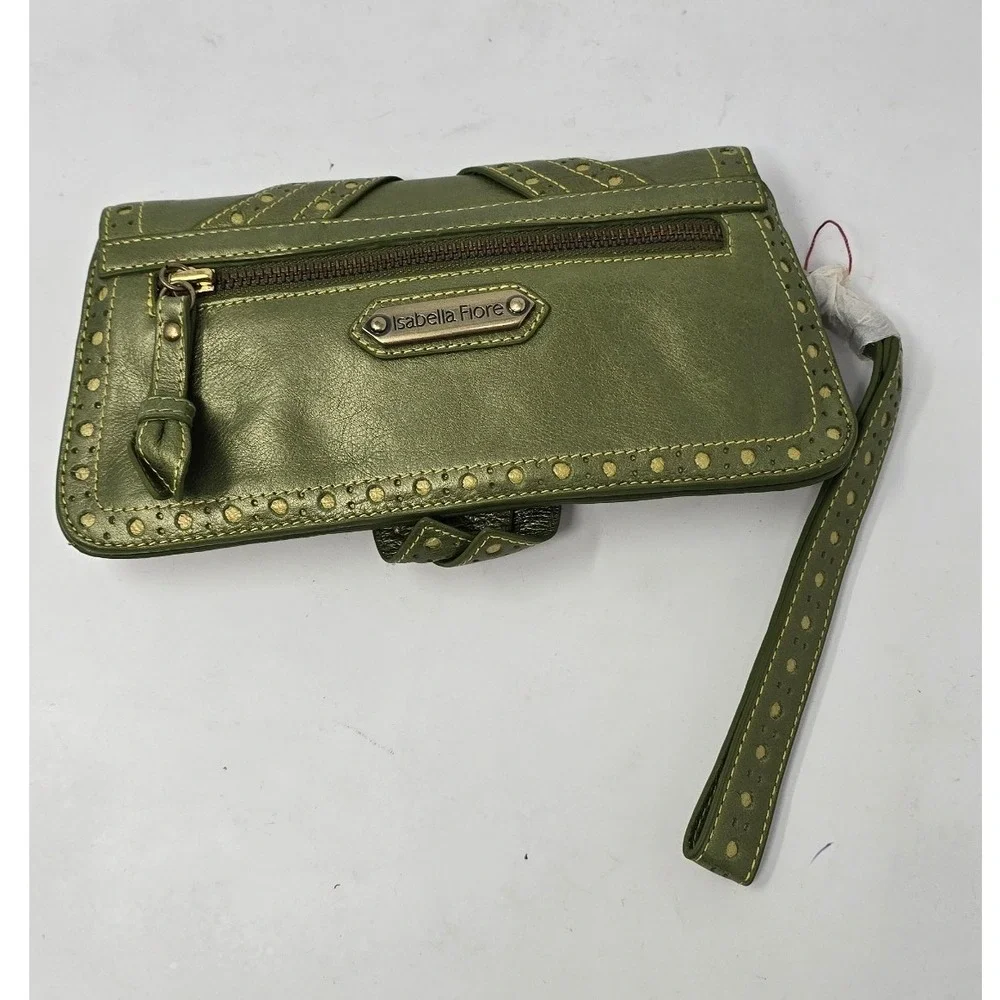 Vtg Y2K Isabella Fiore wristlet clutch women green metallic leather w/punch work